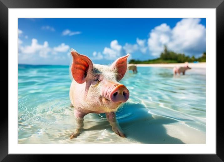 Happy pigs bathe in the ocean in a tropical paradise. Framed Mounted Print by Michael Piepgras