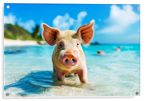 Happy pigs bathe in the ocean in a tropical paradise. Acrylic by Michael Piepgras
