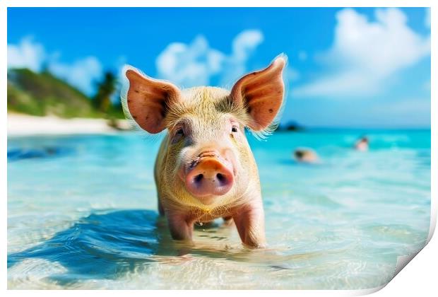 Happy pigs bathe in the ocean in a tropical paradise. Print by Michael Piepgras