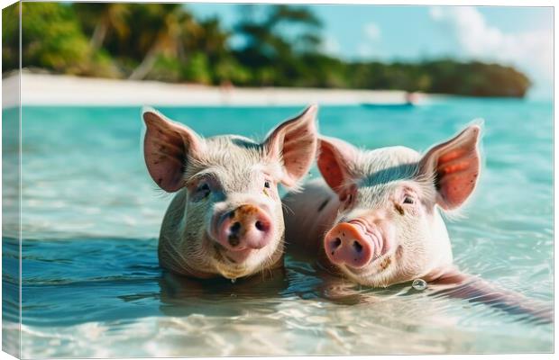 Happy pigs bathe in the ocean in a tropical paradise. Canvas Print by Michael Piepgras