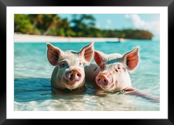 Happy pigs bathe in the ocean in a tropical paradise. Framed Mounted Print by Michael Piepgras