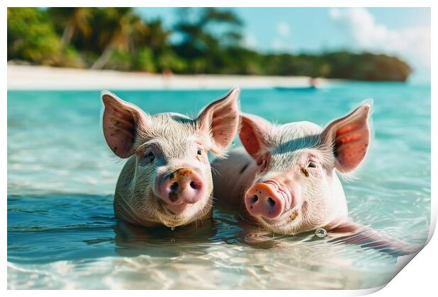 Happy pigs bathe in the ocean in a tropical paradise. Print by Michael Piepgras