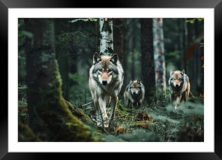 Some wolves roam around in a forest. Framed Mounted Print by Michael Piepgras