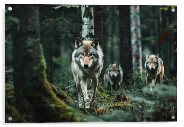 Some wolves roam around in a forest. Acrylic by Michael Piepgras