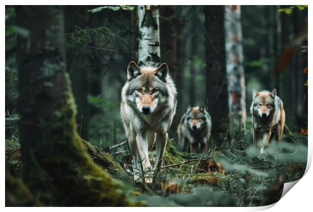 Some wolves roam around in a forest. Print by Michael Piepgras