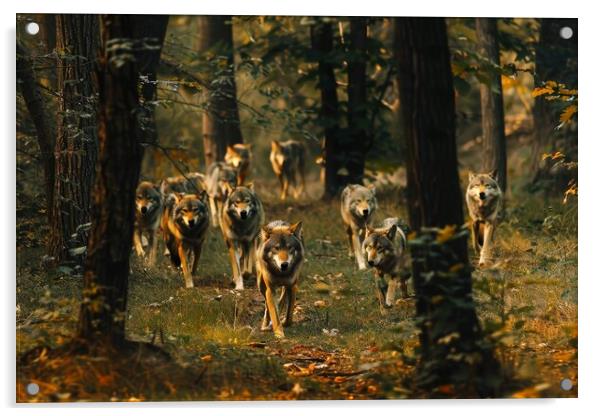 Some wolves roam around in a forest. Acrylic by Michael Piepgras