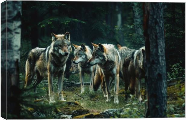 Some wolves roam around in a forest. Canvas Print by Michael Piepgras