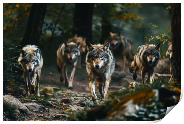 Some wolves roam around in a forest. Print by Michael Piepgras
