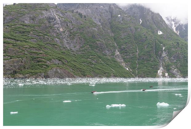 Small rib boat in ice and mist of the Tracy Arm Fjord, Alaska, USA Print by Dave Collins