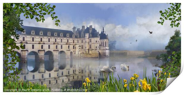 The Iconic Chateau de Chenonceau in mist at sunris Print by Paul E Williams