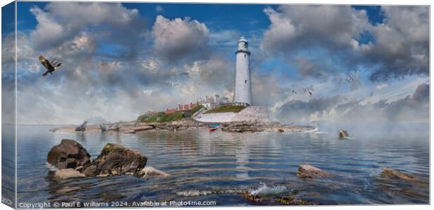 St Mary's lighthouse in the mist, Whitley Bay, Northumberland Canvas Print by Paul E Williams