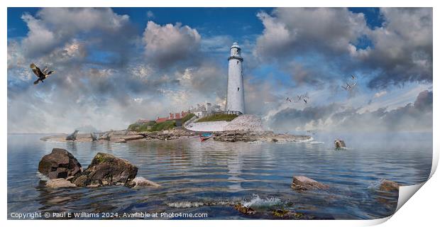 St Mary's lighthouse in the mist, Whitley Bay, Northumberland Print by Paul E Williams