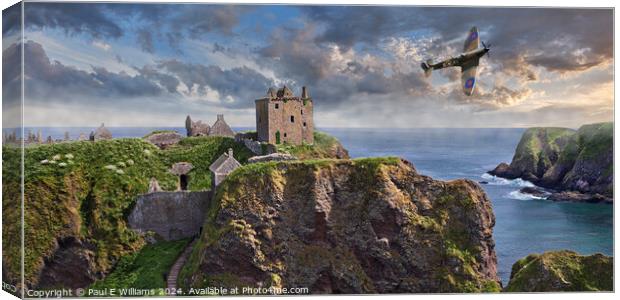 Spitfire flying over Dunnottar Castle ruins at sun Canvas Print by Paul E Williams