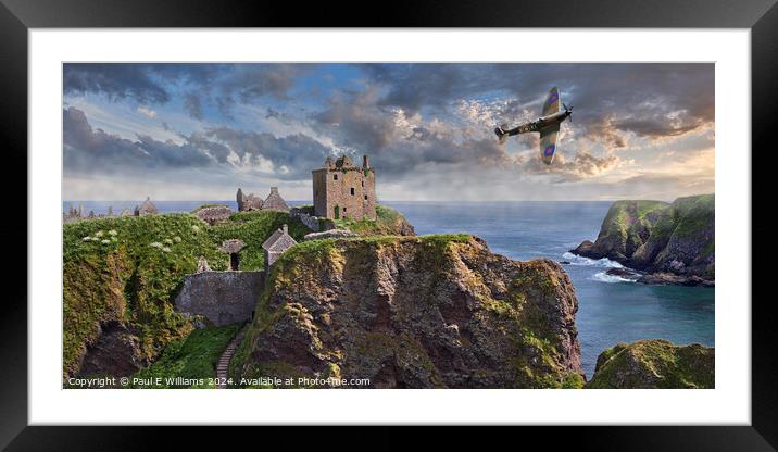 Spitfire flying over Dunnottar Castle ruins at sun Framed Mounted Print by Paul E Williams