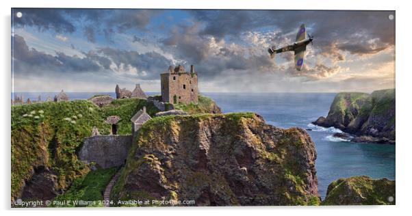 Spitfire flying over Dunnottar Castle ruins at sun Acrylic by Paul E Williams