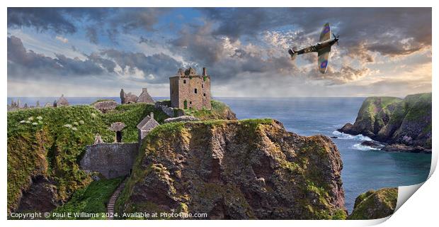 Spitfire flying over Dunnottar Castle ruins at sun Print by Paul E Williams