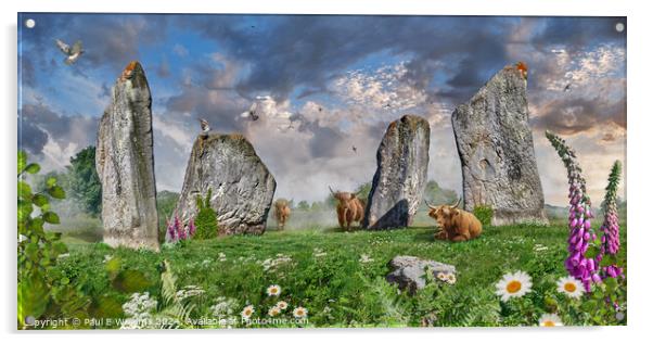 Picturesque Avebury Neolithic stone circle, England.  Acrylic by Paul E Williams