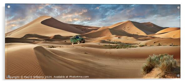 Defender Crossing the Erg Chebbi Sand Dunes, Sahara, Morocco. Acrylic by Paul E Williams