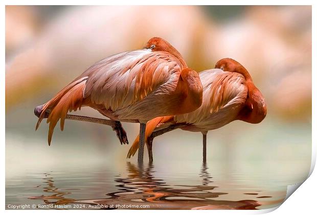 A pair of flamingoes Print by Ronald Haslam