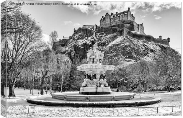 Frozen Ross Fountain and Edinburgh Castle mono Canvas Print by Angus McComiskey
