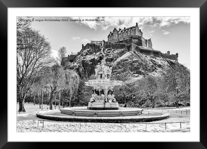 Frozen Ross Fountain and Edinburgh Castle mono Framed Mounted Print by Angus McComiskey