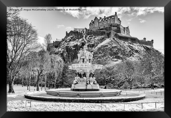 Frozen Ross Fountain and Edinburgh Castle mono Framed Print by Angus McComiskey