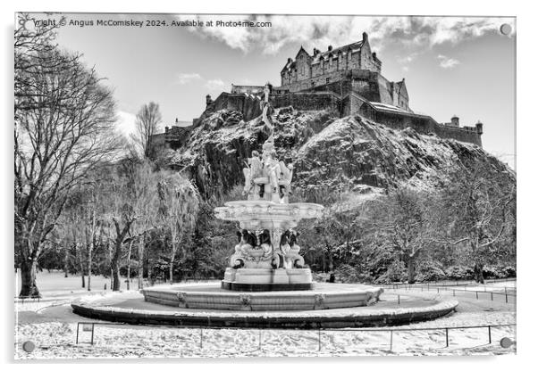 Frozen Ross Fountain and Edinburgh Castle mono Acrylic by Angus McComiskey