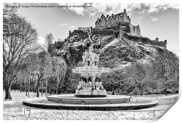 Frozen Ross Fountain and Edinburgh Castle mono Print by Angus McComiskey