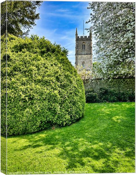 Spring blossom and Norman church Canvas Print by Roger Mechan