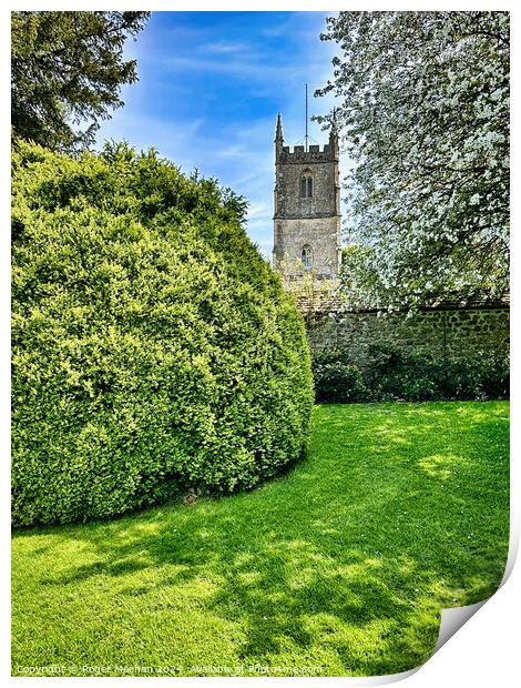 Spring blossom and Norman church Print by Roger Mechan