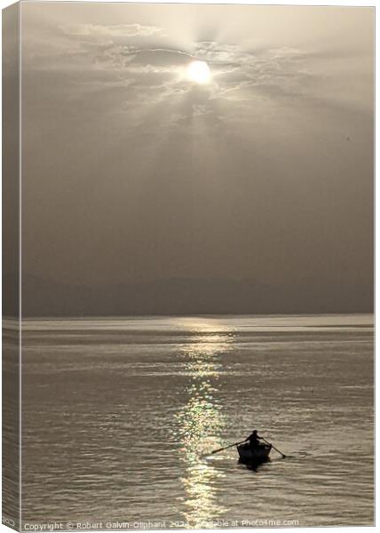 Sun shining on a lone rowboat  Canvas Print by Robert Galvin-Oliphant