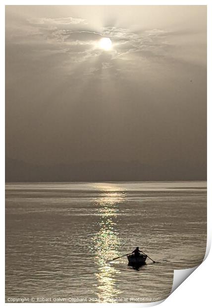 Sun shining on a lone rowboat  Print by Robert Galvin-Oliphant