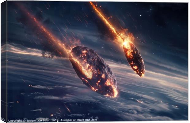 Two rockets with flames trailing behind them as they ascend through the air. Canvas Print by Joaquin Corbalan