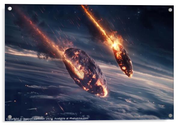 Two rockets with flames trailing behind them as they ascend through the air. Acrylic by Joaquin Corbalan