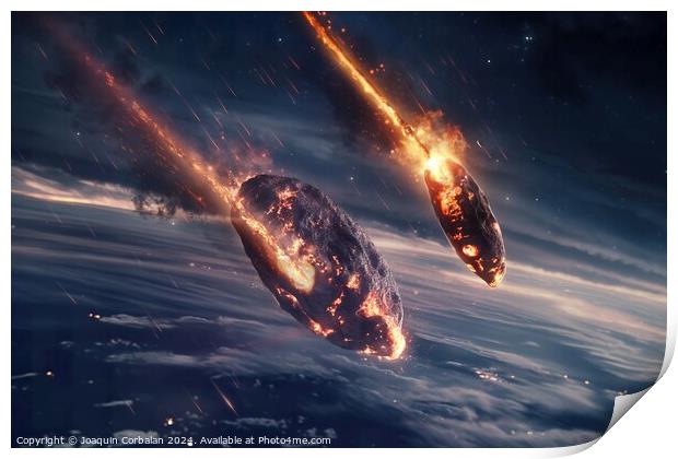 Two rockets with flames trailing behind them as they ascend through the air. Print by Joaquin Corbalan