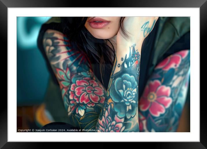 Young woman showcases colorful tattoos on her arms, standing confidently. Framed Mounted Print by Joaquin Corbalan