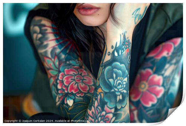Young woman showcases colorful tattoos on her arms, standing confidently. Print by Joaquin Corbalan