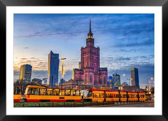 Warsaw Evening Skyline In Poland Framed Mounted Print by Artur Bogacki