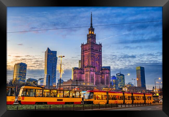 Warsaw Evening Skyline In Poland Framed Print by Artur Bogacki