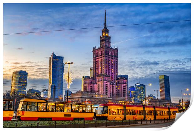 Warsaw Evening Skyline In Poland Print by Artur Bogacki