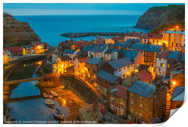 Staithes village at dusk Print by Richard O'Donoghue
