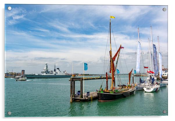 Thames Barge 'Alice' with HMS Duncan Acrylic by Malcolm McHugh