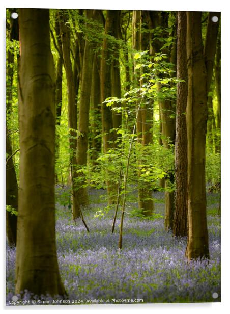 sunlit tree and. bluebell woodland  Acrylic by Simon Johnson