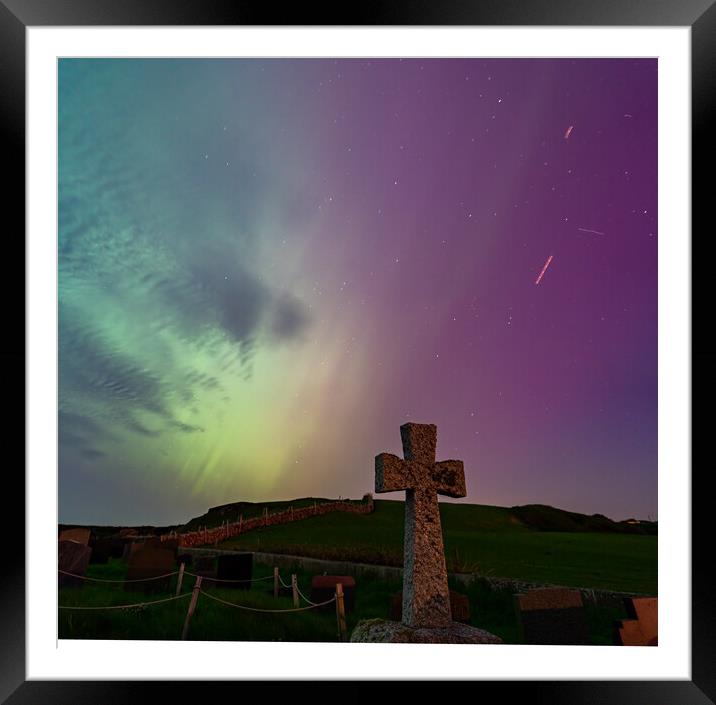 The Northern Lights in a graveyard on Anglesey Wales Framed Mounted Print by Gail Johnson