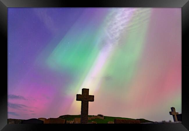 The Northern Lights in a graveyard on Anglesey Wales Framed Print by Gail Johnson