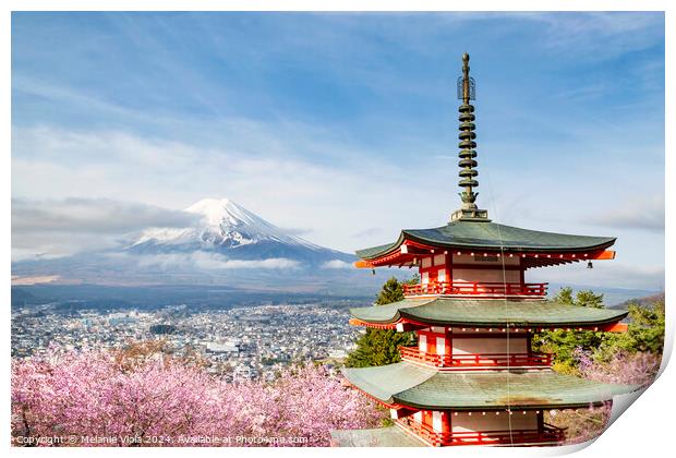 Magnificent view of Mount Fuji with Chureito Pagoda during cherry blossom season Print by Melanie Viola