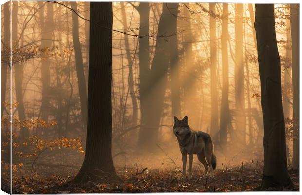 A lonely wolf in a misty forest with sunbeams. Canvas Print by Michael Piepgras