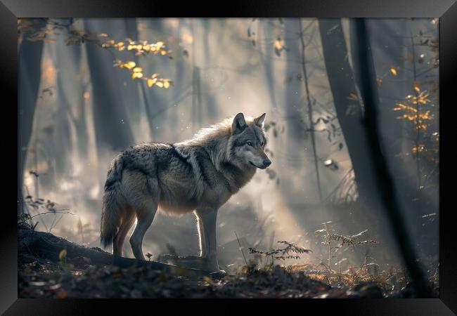 A lonely wolf in a misty forest with sunbeams. Framed Print by Michael Piepgras