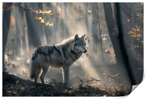 A lonely wolf in a misty forest with sunbeams. Print by Michael Piepgras