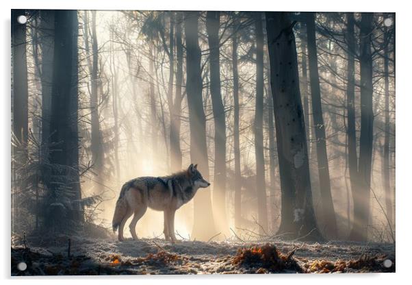 A lonely wolf in a misty forest with sunbeams. Acrylic by Michael Piepgras